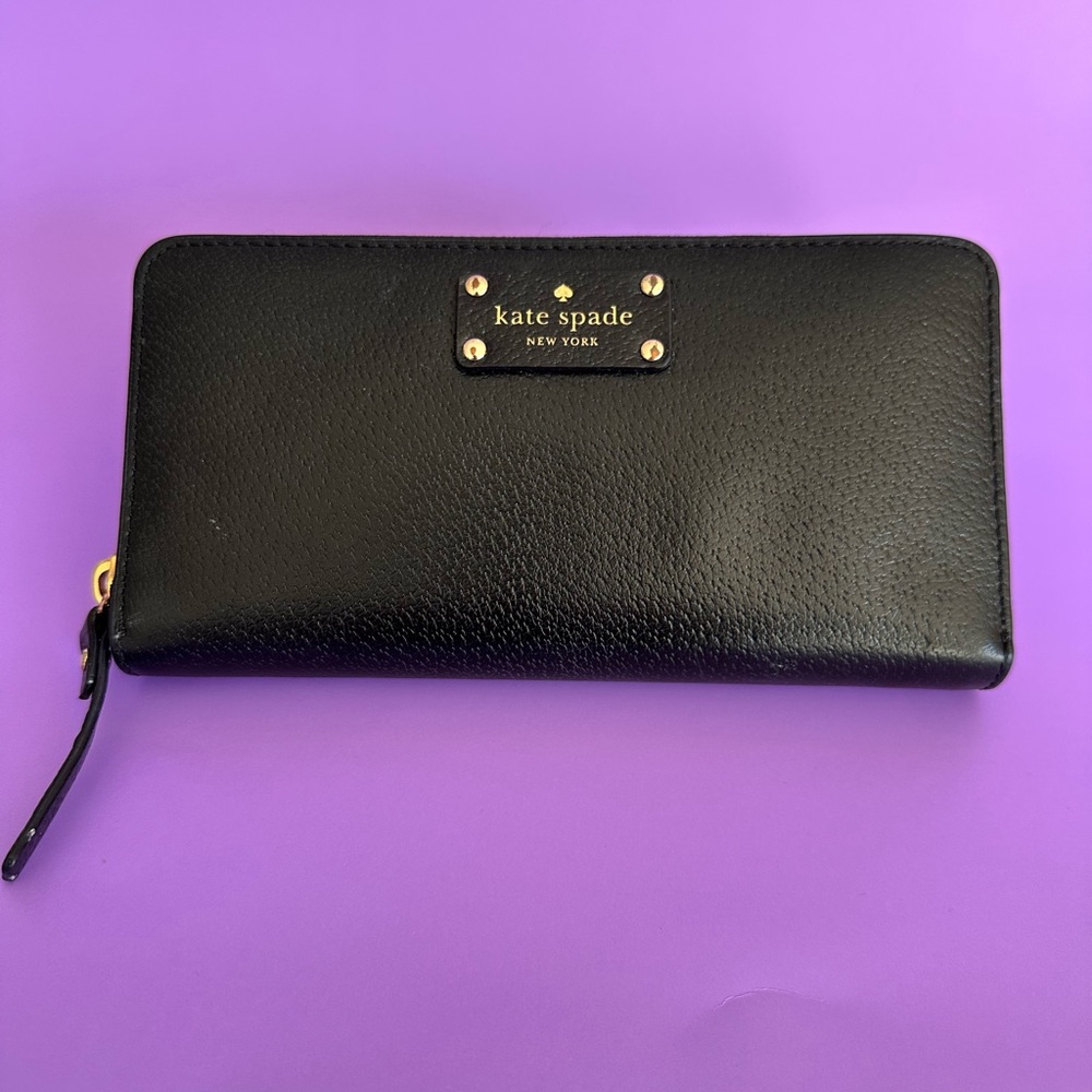 kate spade Black Zip-Around Leather Wallet with Gold Plate